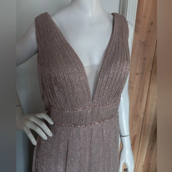 NWOT Cinderella Divine Metalic Gown With Beaded Banded Belt And V-Neckline 18